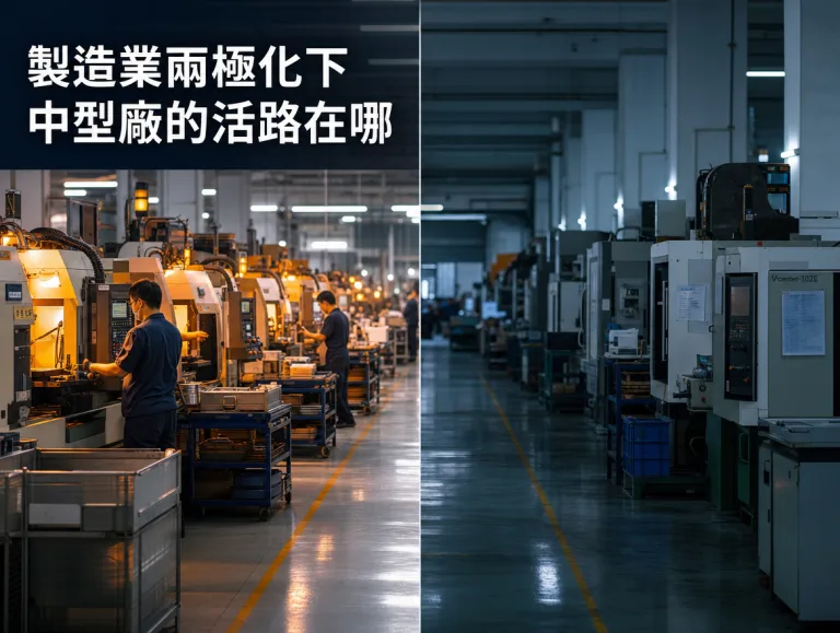 製造業兩極化示意圖：同一廠房裡一邊產線忙碌運轉、一邊設備停擺