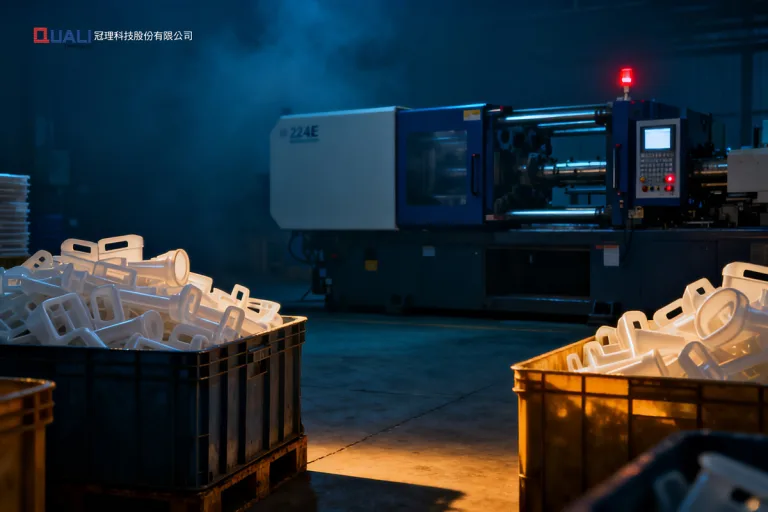 射出成型工廠現場：射出機與成品料箱，MES 系統管理的核心場景