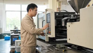 換線時間示意圖：工廠師傅在射出機旁進行換線換模作業，桌上備有工具